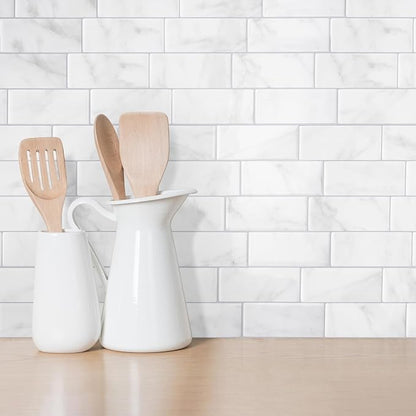 Smart Tiles Peel and Stick backsplash, Subway Carrara Marble, 11.55"x8.38" | Pack of 5 (2.8 sq ft), Glossy, Heat/Moisture Resistant, Low VOC, Kitchen/Bathroom, Renter Friendly, Made in Canada