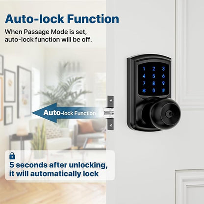 Hidalife Keyless Entry Door Knob with Code, Digital Door Lock with Keypad, Touchscreen Keypad Door Lock with Handle for Front Door Bedroom Home, Auto-Lock, Matte Black