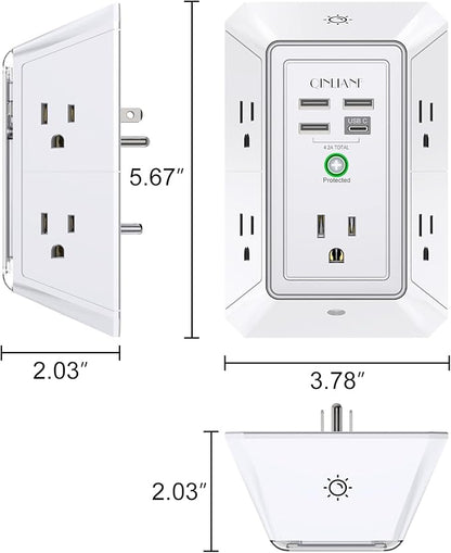 3-Sided Outlet Extender with Night Light - QINLIANF Multi Plug Outlet with 5 Outlets and 4 USB Ports(1 USB-C), USB Wall Charger for Home, Office, Travel, ETL Listed, White