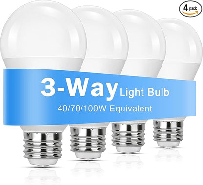 3 Way Light Bulbs 40 70 100W Incandescent Equivalent, LED Dimmable A19 Three Way Light Bulb, Daylight White 5000K, E26 Medium Base, 4-Pack LED Light Bulbs for Floor Lamp Desk Lamp Table Lamp Reading
