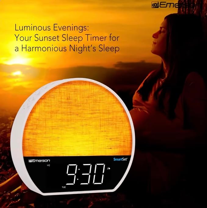 Emerson CKSS7071 Sunrise Smartset Alarm Clock Radio with 1.2" LED Display, White Noise, 6 Soothing Sounds, 8-Color Dimmable LED, Bluetooth Speaker, White