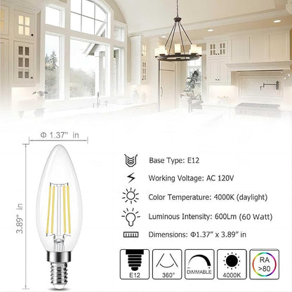 Cotanic Dimmable E12 LED Candelabra Bulb 4000K Daylight, Ceiling Fan Light Bulbs Small Base,60W Equivalent,Type B Bulb for Chandelier,Vintage B11 LED Candle Shape with Clear Glass,600LM,10 Pack