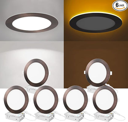 ZYC Recessed Lighting 6 Inch - 12W 1100LM LED Recessed Ceiling Light with Night Light,2700K/3000K/4000K/5000K/6000K Selectable Ultra-Thin Lighting,Dimmable Canless Wafer Downlight,Pack of 6（Bronze）.