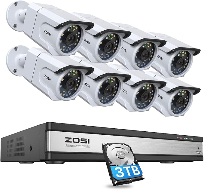 ZOSI 16CH 4K PoE Security Camera System, 4K 16 Channel H.265+ PoE NVR Built-in 3TB HDD, 8Pcs 8MP Home CCTV Cameras Outdoor Indoor, Human Detection, 100ft Night Vision, Remote Access, 24/7 Recording