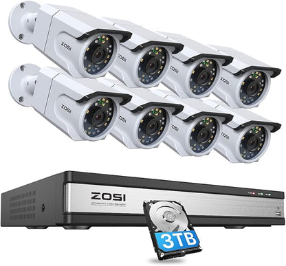 ZOSI 16CH 4K PoE Security Camera System, 4K 16 Channel H.265+ PoE NVR Built-in 3TB HDD, 8Pcs 8MP Home CCTV Cameras Outdoor Indoor, Human Detection, 100ft Night Vision, Remote Access, 24/7 Recording