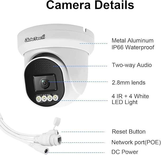 JideTech 4K PoE IP Camera Outdoor, UltraHD 8MP PoE Turret Security Cameras Indoor, 115° Wide Angle 2.8mm Lens, Human&Vehicle Detection, 98ft IR, Color Night Vision, 2-Way Audio, RTSP, for Onvif NVR