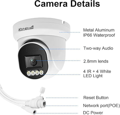 JideTech 4K PoE IP Camera Outdoor, UltraHD 8MP PoE Turret Security Cameras Indoor, 115° Wide Angle 2.8mm Lens, Human&Vehicle Detection, 98ft IR, Color Night Vision, 2-Way Audio, RTSP, for Onvif NVR
