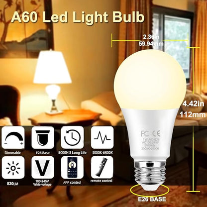 GRV 9W A60 LED Smart Light Bulbs with a 2.4GHz Remote Control,Color Changing,Stepless Dimmable 3000K-6500K,80W Incandescent Lamp Equivalent,800LM E26 Base,Home Decor,2 Bulb & 1 Remote