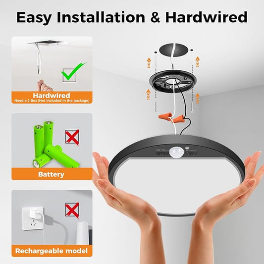 slochi 1Pack Motion Sensor Light Indoor Wired, 12 Inch 3000K/4000K/6500K Closet Lights Motion Sensored, 24W 2400LM Flush Mount Ceiling Light for Hallway Pantry Stairwell Porch, Black