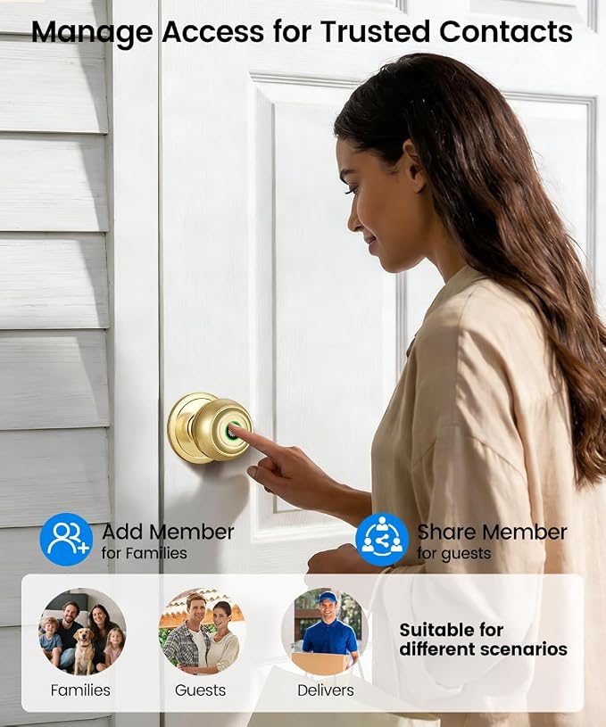 Smart Door Knob with Lock,Keyless Entry Fingerprint Door Lock,Bright Brass | Smart Lock with Auto-Lock , App, Key, Fingerprint Door Locks for Front Door, Garage, Apartment, Hotel, Interior, Exterior