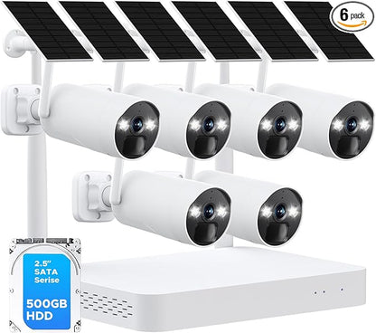 CAMCAMP 4MP Solar Camera Outdoor Wireless Security Camera system, 2.4G& 5G WiFi, Color Night Vision, 10CH NVR w/ 500GB HDD Local Recording, AI Person Detection, IP66, Home CCTV Surveillance 6 Cams-Kit