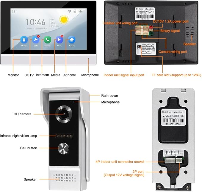 YiToo 7" Wired Video Door Phone Intercom System 1080P Indoor Monitor Touch Screen with HD Infrared Outdoor Doorbell WiFi Tuya APP Connection for Villa Home Office Apartment