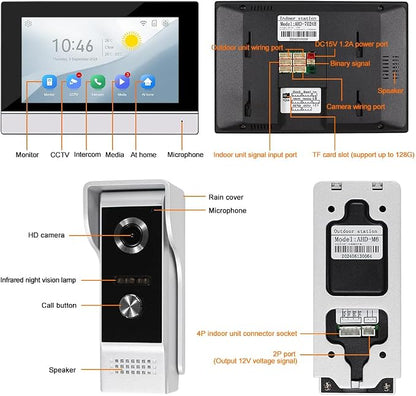 YiToo 7" Wired Video Door Phone Intercom System 1080P Indoor Monitor Touch Screen with HD Infrared Outdoor Doorbell WiFi Tuya APP Connection for Villa Home Office Apartment
