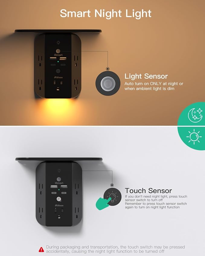 Wall Outlet Extender with Shelf and Night Light, Surge Protector, USB Wall Charger with 5 AC Outlets and 2 USB A Ports 2 USB C Ports Wide Space 3-Sided Power Strip Multi Plug Outlets, Black