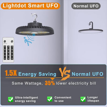 Lightdot 4Pack 150W Smart LED High Bay Lights 22500lm UFO High Bay LED Shop Light with Motion Sensor AC100-277V UFO Lights with The Most Advanced Heat Dissipation for 16-30FT Height