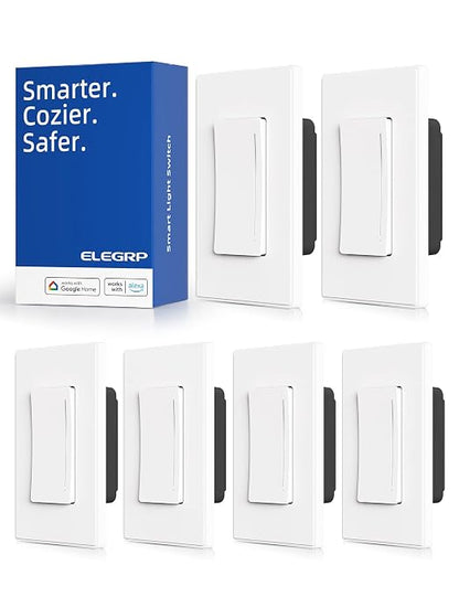 ELEGRP Smart Dimmer Light Switch DTR10, Single Pole Setup, 2.4GHz Wi-Fi Touch Dimmer Compatible with Alexa/Google Assistant, Needs Neutral Wire, No Hub Required, UL Listed, Matte White, 6 Pack