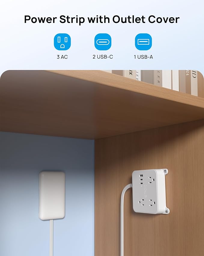 TROND Flat Power Strip with Outlet Concealer with 3 Widely Spaced AC Outlet | 10FT Long Extension Cord 3 USB Charger(2 USB C Ports), Wall Mount Power Strip, Compact for Nightstand Couches Home Essentials