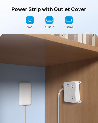 TROND Flat Power Strip with Outlet Concealer with 3 Widely Spaced AC Outlet | 10FT Long Extension Cord 3 USB Charger(2 USB C Ports), Wall Mount Power Strip, Compact for Nightstand Couches Home Essentials