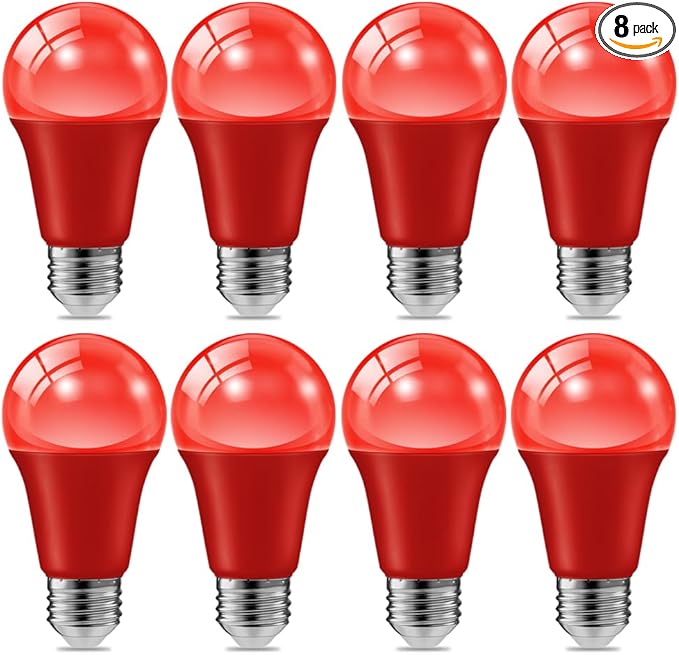 haraqi 8 Pack 9W (60W Equivalent) 120V E26 Base A19 LED Colored Light Bulb, Red LED Lights for Party Christmas Decor and Halloween Lighting