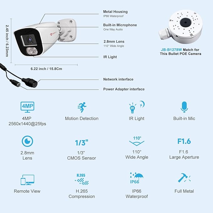 Anpviz 4MP PoE IP Bullet Camera with Microphone/Audio, IP Security Camera Outdoor Indoor, Night Vision 65ft, Waterproof IP66, 108° Wide Angle 2.8mm Lens, 24/7 Recording, IPC-B8740W-S (U Series)