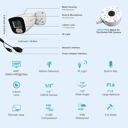Anpviz 4MP PoE IP Bullet Camera with Microphone/Audio, IP Security Camera Outdoor Indoor, Night Vision 65ft, Waterproof IP66, 108° Wide Angle 2.8mm Lens, 24/7 Recording, IPC-B8740W-S (U Series)
