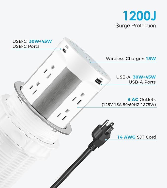 Pop Up Outlet for Countertop, 15W Wireless Charger PD 45W, 2 USB-A & 2 USB-C & 8AC Outlets 15A Tamper Resistant, 4-inch Island Kitchen Pop Out
