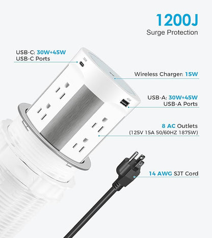 Pop Up Outlet for Countertop, 15W Wireless Charger PD 45W, 2 USB-A & 2 USB-C & 8AC Outlets 15A Tamper Resistant, 4-inch Island Kitchen Pop Out