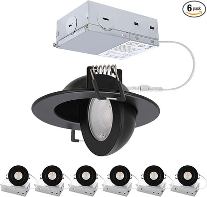 POPANU 3 inch Black Recessed Lights, 7W Canless Gimbal Soffit Lighting, Canless Lights, 5CCT Dimmable 90°Tilt Wafer 3 inch Light, Retrofit Rotatable Eyeball Swivel Spot Downlight 6 Pack Black