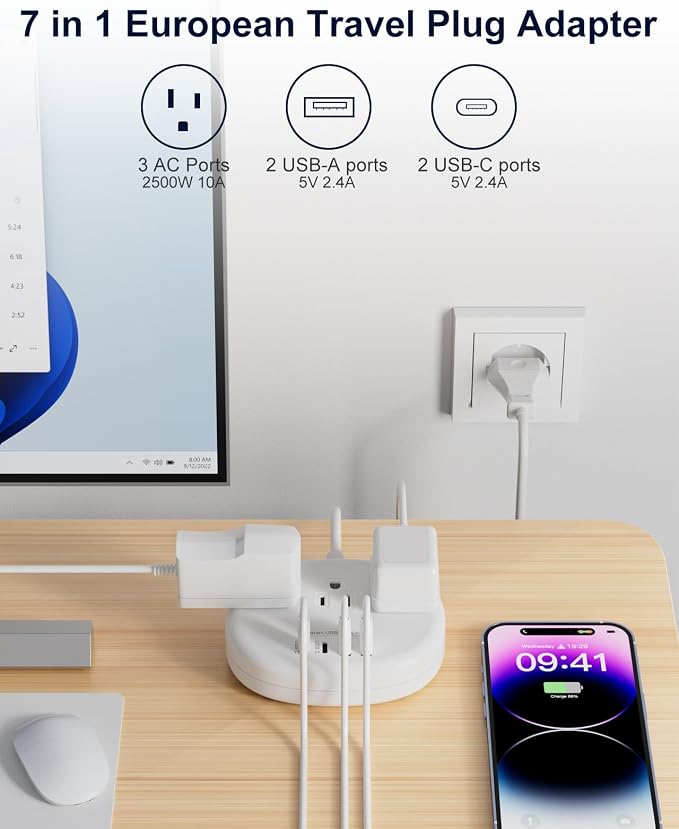 European Travel Plug Adapter, European Extension Cord 3FT