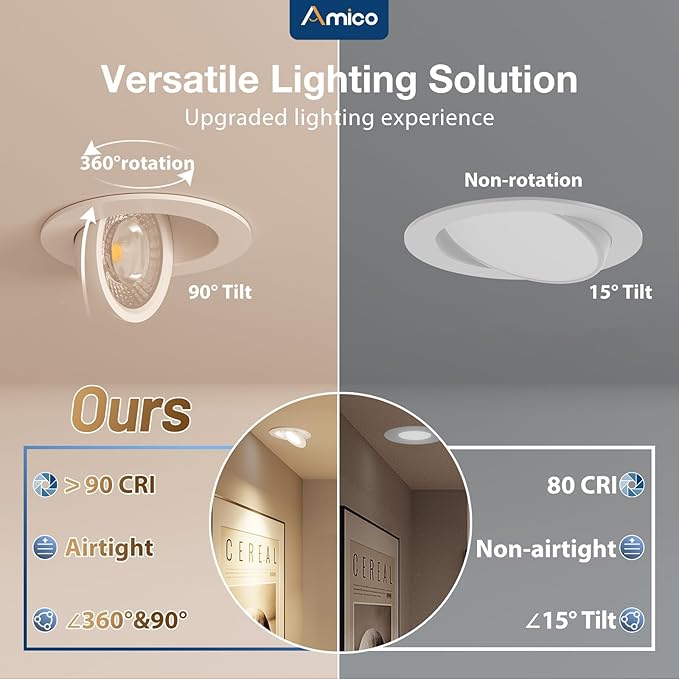 Amico 24 Pack 4 Inch 5CCT Gimbal LED Recessed Lighting, 360°&90° Adjustable Eyeball Directional Downlight, Dimmable, 2700K/3000K/3500K/4000K/5000K Selectable, CRI90+ 9W 700LM, ETL&FCC