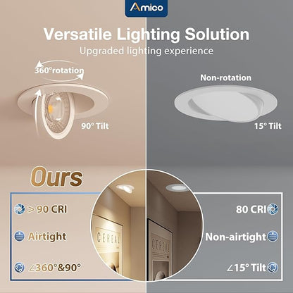 Amico 24 Pack 4 Inch 5CCT Gimbal LED Recessed Lighting, 360°&90° Adjustable Eyeball Directional Downlight, Dimmable, 2700K/3000K/3500K/4000K/5000K Selectable, CRI90+ 9W 700LM, ETL&FCC