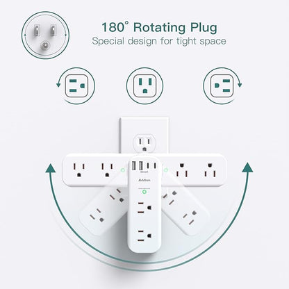 Surge Protector Wall Outlet Extender, Multi Plug Outlet with Rotating Plug, 6 AC Outlets 4 USB Ports (2 USB C), 1800J, 3-Side Power Strip Wall Mount, Outlet Splitter for College Dorm Travel Essentials