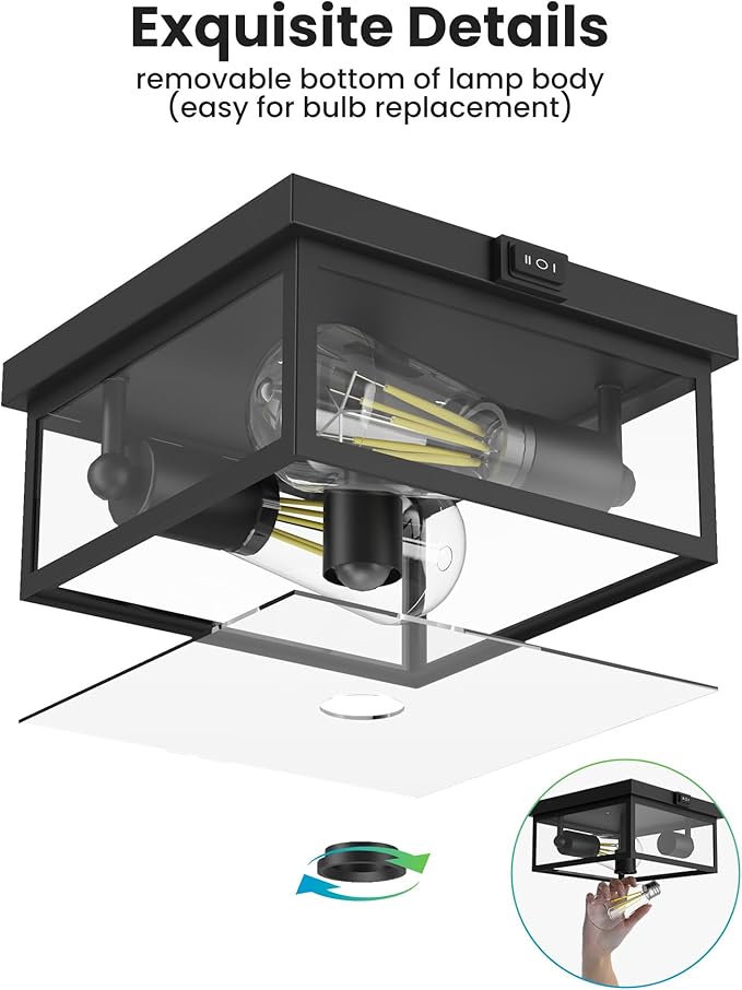 Outdoor Ceiling Light with Motion Sensor, Flush Mount Porch Light, Exterior Light Fixture with Clear Glass, Dusk to Dawn 2-Light Fixture for Patio,Porch (10.5 in)