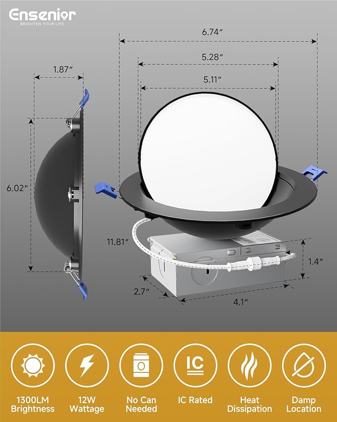 Ensenior 12 Pack 6 inch LED Eyeball Recessed Lighting, 360°+90° Rotatable and 2700K-5000K Selectable, CRI90+, Dimmable Gimbal Recessed Lights, 1300LM, 12W=115W-FCC, Black