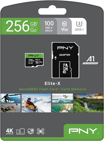 PNY 256GB Elite-X Class 10 U3 V30 microSDXC Flash Memory Card - 100MB/s, Class 10, U3, V30, A1, 4K UHD, Full HD, UHS-I, Micro SD