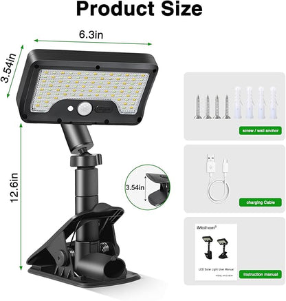 iMaihom Clip On Solar Lights Outdoor with Motion Sensor, 92 LED 600LM Solar Fence Lights, Warm/Neutral/Cool White, 360° Adjustable, IP65 Waterproof Security Light for Deck, Gutter, Porch (2, Black)