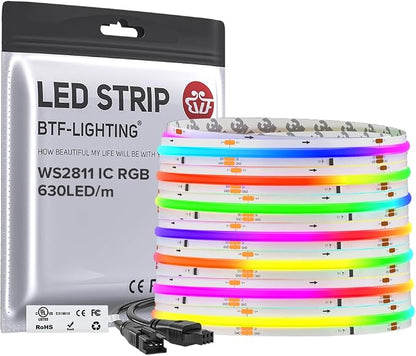 BTF-LIGHTING 24FT WS2811 Smart IC RGB DC24V FCOB COB LED Strip Light | UL Listed 630LEDs/m High Density Color Chasing Light 10mm Width for Home Party DIY Lighting(No Adapter or Controller)