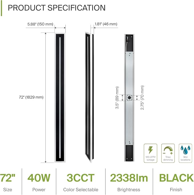 ASD LED 72" Long Wall Mount Light Fixture, Outdoor & Indoor Linear Sconce | 3CCT, Dimmable, Waterproof, Anti-Rust, ETL Listed | 40W 2330LM 3000-5000K 100-277V | Exterior Porch Lighting | Black
