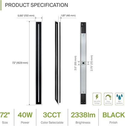 ASD LED 72" Long Wall Mount Light Fixture, Outdoor & Indoor Linear Sconce | 3CCT, Dimmable, Waterproof, Anti-Rust, ETL Listed | 40W 2330LM 3000-5000K 100-277V | Exterior Porch Lighting | Black