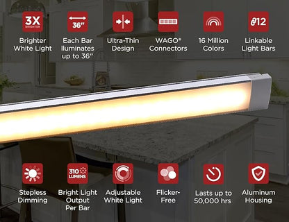 PureOptics LED Professional Push Wire Under Cabinet Light Bar, Add-on, Plug-in or Hardwire Compatible, Adjustable White and RGB LED, for Kitchen, Pantry, Cabinets, (1) 12" Bar