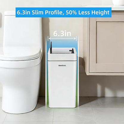 2.7 Gallon Slim Bathroom Touchless Trash Can, Automatic Smart Trash Can with Auto Bagging System, Sensor Lid Waste Bin for Bedroom, Office & RV, White