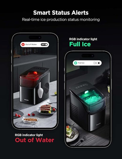 GoveeLife Smart Ice Maker Countertop, Portable Ice Machine with Voice Control, 9 Ice Cubes in 6 Minutes 3 Sizes, 26lbs/24Hrs, Self Cleaning RGB Lights, Quiet Ice Maker with Scoop for Kitchen Black | 9 Ice Cubes in 6 Mins 3 Sizes, Self Cleaning, RGB Lig...