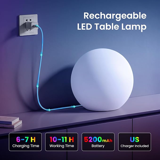 LOFTEK 12-inch LED Ball Night Light, Rechargeable Table Lamp with Remote | 25 Modes, 11 RGB Colors Orb Light, Dimmable, Cordless & Timer, Ambient Lighting for Home Bedroom Patio Decorative Lighting