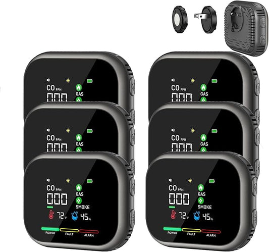 6-in-1 Protable Environment Detector with HD Screen Display Temperature Humidity, Plug in &Magnetic Mount,Built-in Battery Backup, High Accuracy Sensors for Home,RV,Hotel (6, Gray)