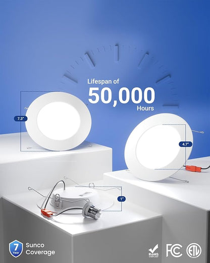 Sunco 12 Pack Retrofit LED Recessed Lighting 6 Inch, Can Lights for Ceiling, 1200 LM, 15W, Selectable CCT 2700K/3000K/4000K/5000K/6000K, Dimmable, Ultra Thin Flat Light Fixture UL.