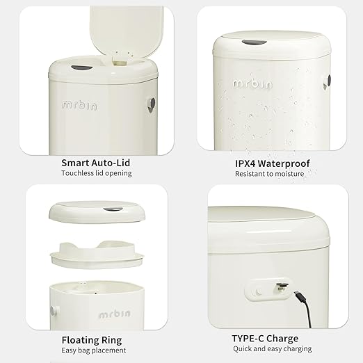 MRBIN Adsorption Metal Kitchen Motion Sensor Trash Can Removable, 30L / 7.9gal Automatic Absorbing Bag Lidded Garbage Bin with Wheels, Commercial Waste Basket for Office and Bedroom, Bathroom, White