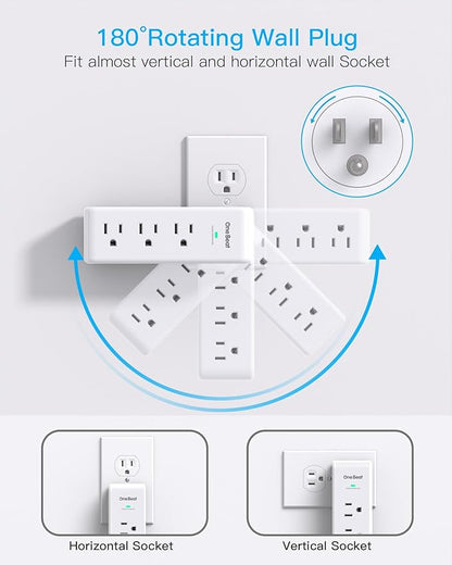 2 Pack Surge Protector Outlet Extender, 9 AC Multi Outlet Wall Plug with Rotating Plug, 1800J Wall Charger, 3-Sided Power Strip Electrical Plug Adapter Outlet Splitter for Home Office Dorm,White