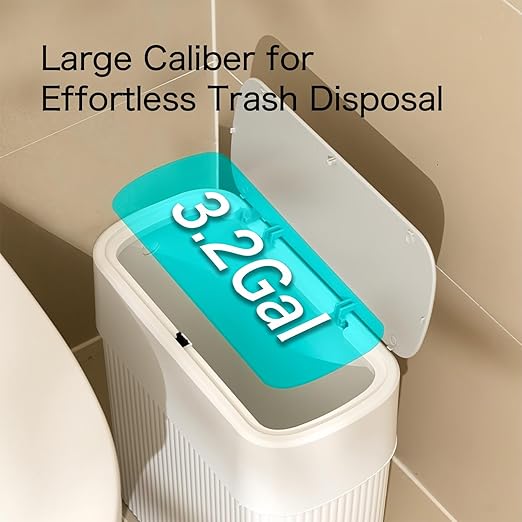 Bathroom Trash Can with Press Top Lid, 3.2 Gallon Slim Garbage Can for Kitchen Cabinet, 12L Dogproof Wastebasket Trash Bin for Office, Bedroom, Living Room, Home Countertop - White