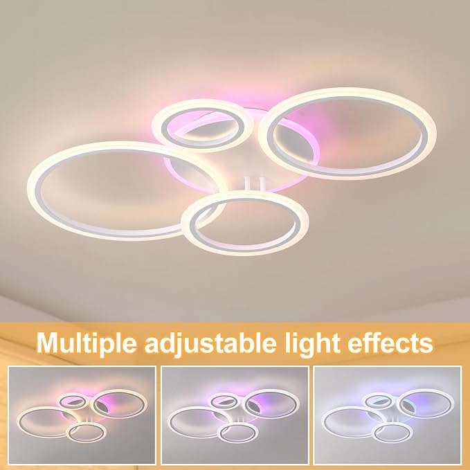 LED Ceiling Light 50W, Dimmable 4-Ring Flush Mount Fixture | Modern Ceiling Light Fixture with Remote, 3000K-6000K Adjustable, RGB Ambient Backlight, 3000LM for Bedroom Living Room