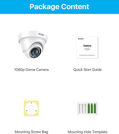 ZOSI 1080p Dome Security Cameras (Hybrid 4-in-1 HD-CVI/TVI/AHD/960H Analog CVBS),2MP Day Night Weatherproof Surveillance CCTV Camera Dome Outdoor/Indoor,Night Vision Up to 80FT